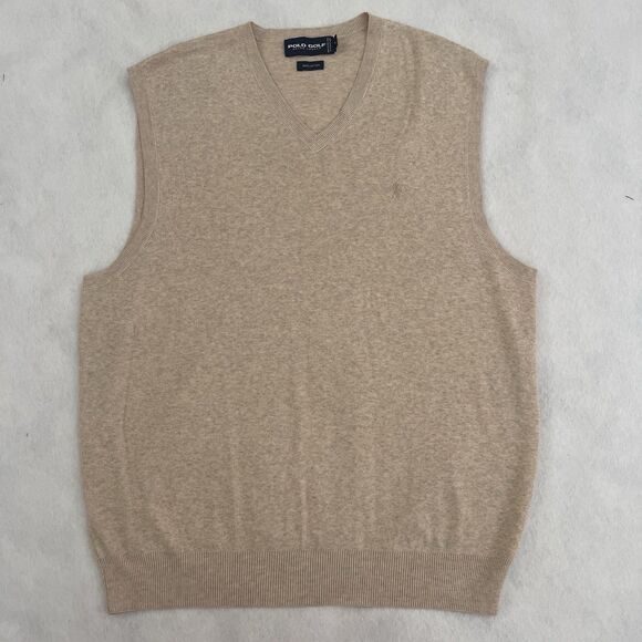 Vintage Polo Ralph Lauren Men's L Golf Tan Brown 100% Cotton Sweater Vest Preppy - Picture 1 of 8